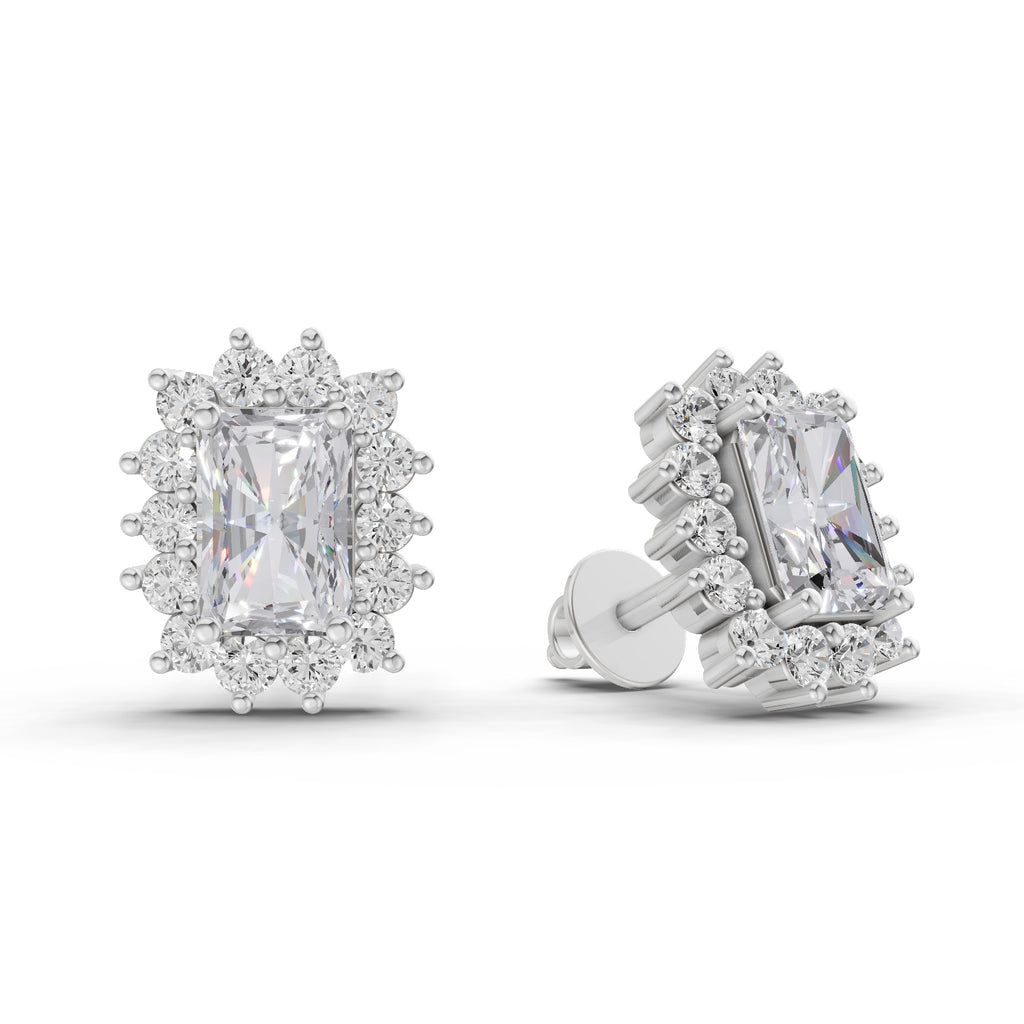 1.86 Ct Emerald Shape Halo Diamond Stud Earrings | 14K Rose Gold