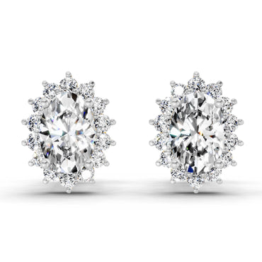 1.08 Ct Oval Shape Halo Diamond Stud Earrings | 14K White Gold