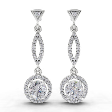 0.89 Ct Round Shape Dangle Diamond Earrings | 14K White Gold