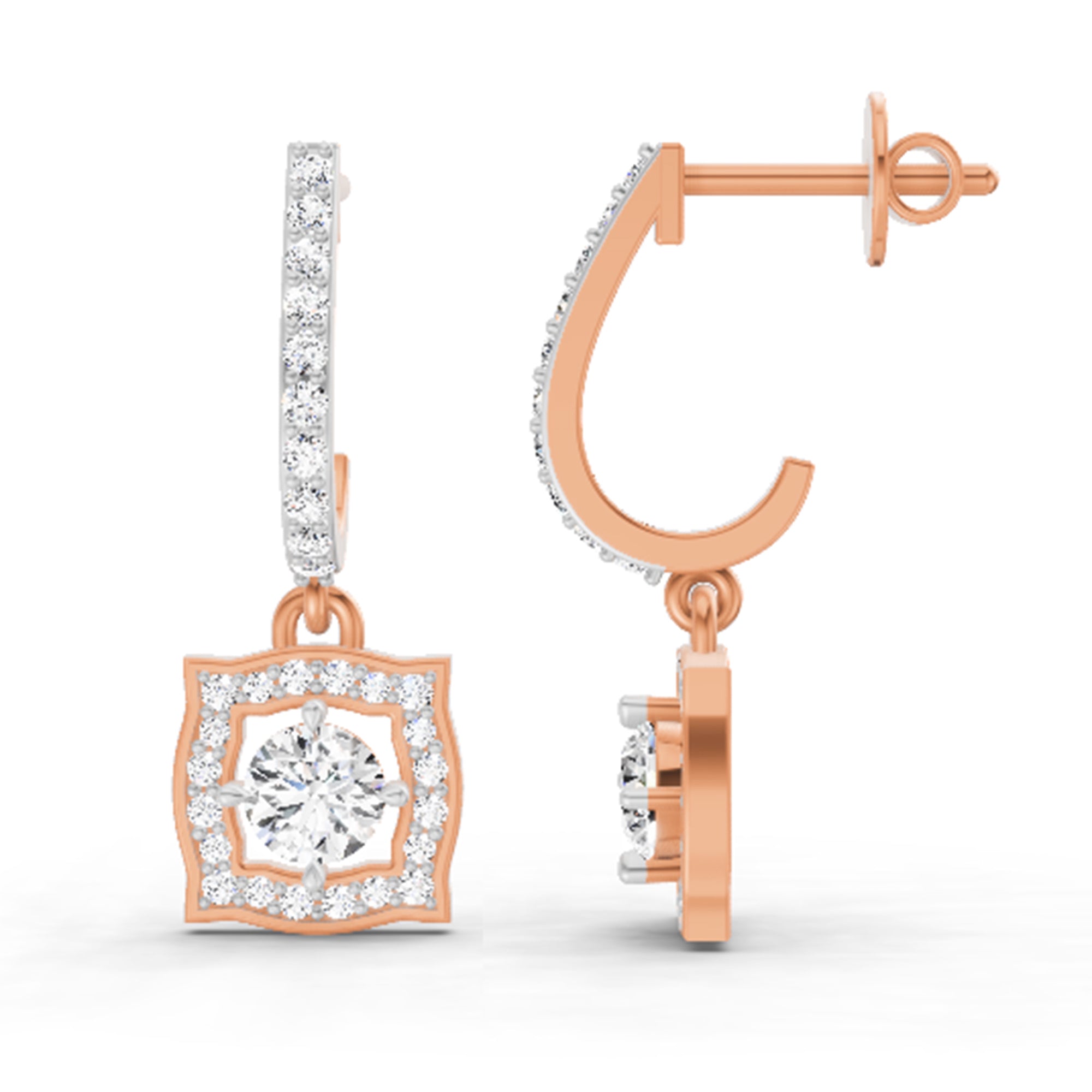 0.99 Ct Round Halo Drop Earrings | 14K Rose Gold