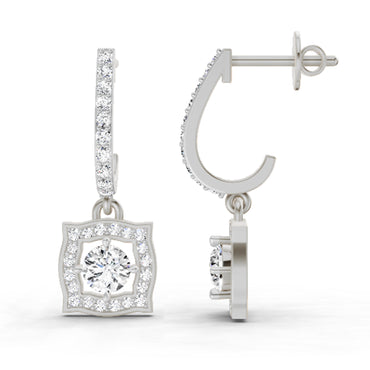 0.99 Ct Round Halo Drop Earrings |  14K White Gold