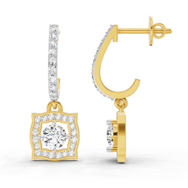 0.99 Ct Round Halo Drop Earrings | 14K Yellow Gold