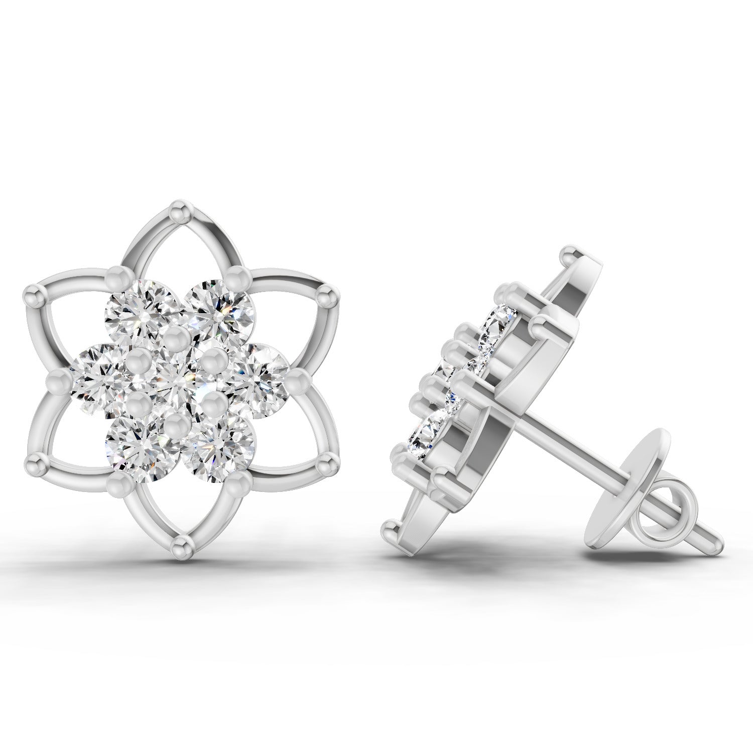 1.09 Ct Round Lotus Flower Style Earrings | 14K White Gold