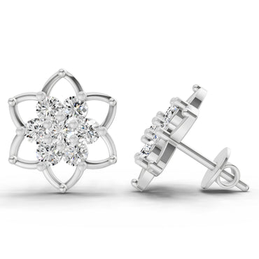 1.09 Ct Round Lotus Flower Style Earrings | 14K White Gold