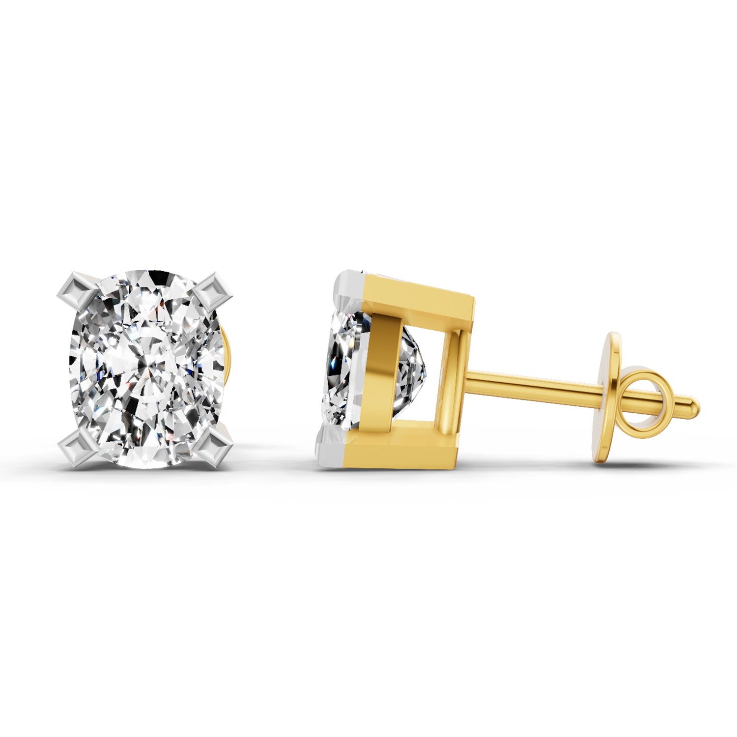 2.64 Ct Cushion Shape 4 Prong Solitaire Diamond Stud Earrings | 14K Yellow Gold