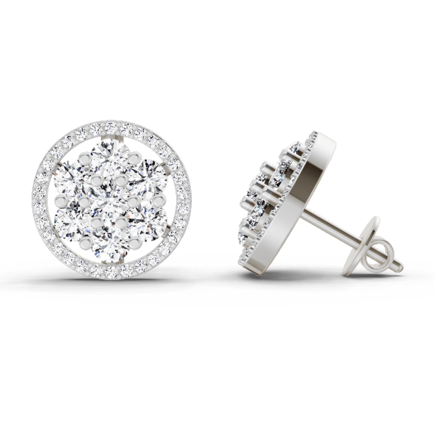 1.78 Ct Round Halo Cluster Stud Earrings | 14K White Gold