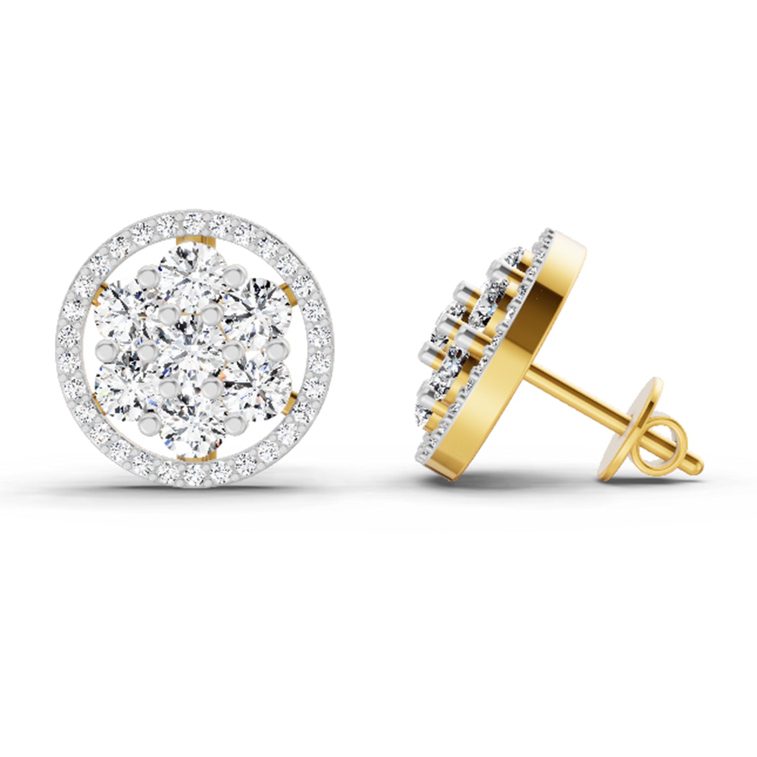 1.78 Ct Round Halo Cluster Stud Earrings | 14K Yellow Gold