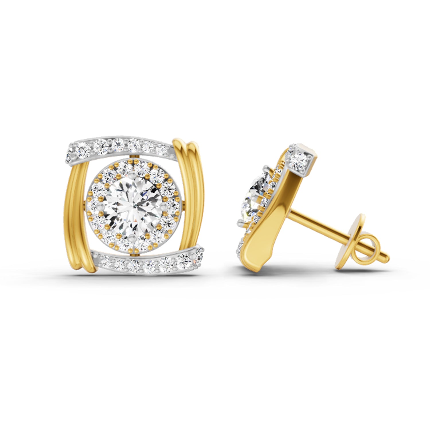 1.48 Ct Round Halo Stud Earrings | 14K Yellow Gold  FG VS Quality Diamonds