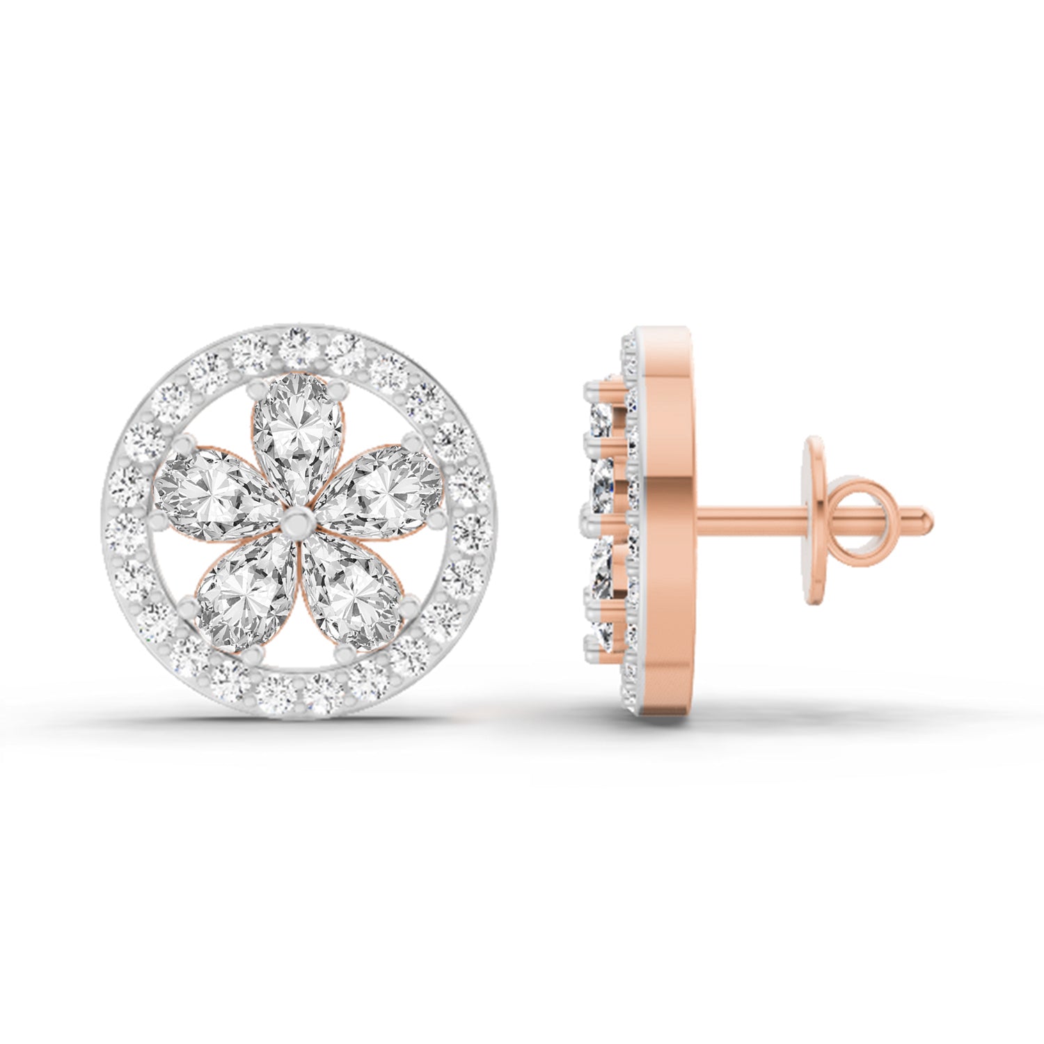 1.46 Ct Pear Flower Halo Stud Earrings |  14K Rose Gold