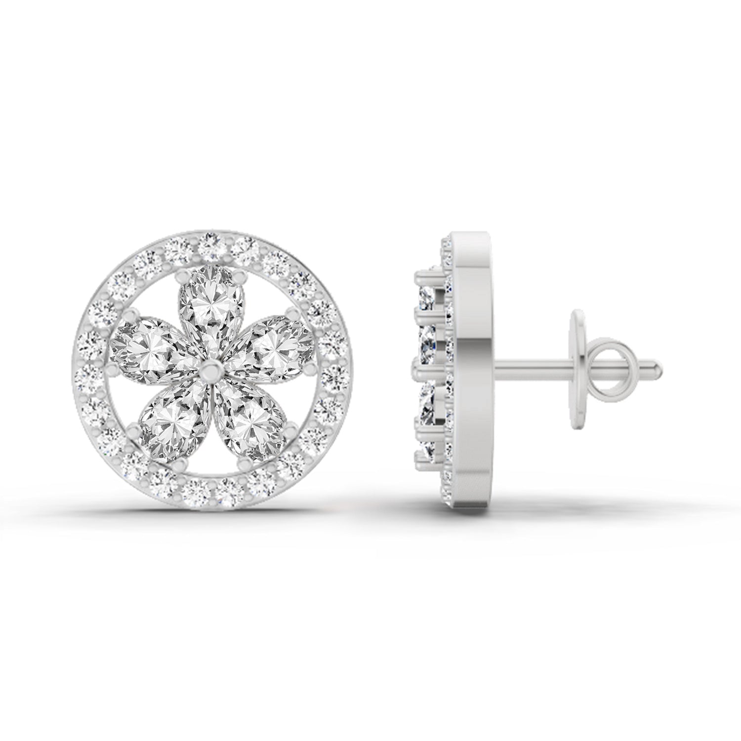 1.46 Ct Pear Flower Halo Stud Earrings |  14K White Gold