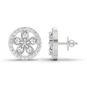 1.46 Ct Pear Flower Halo Stud Earrings |  14K White Gold