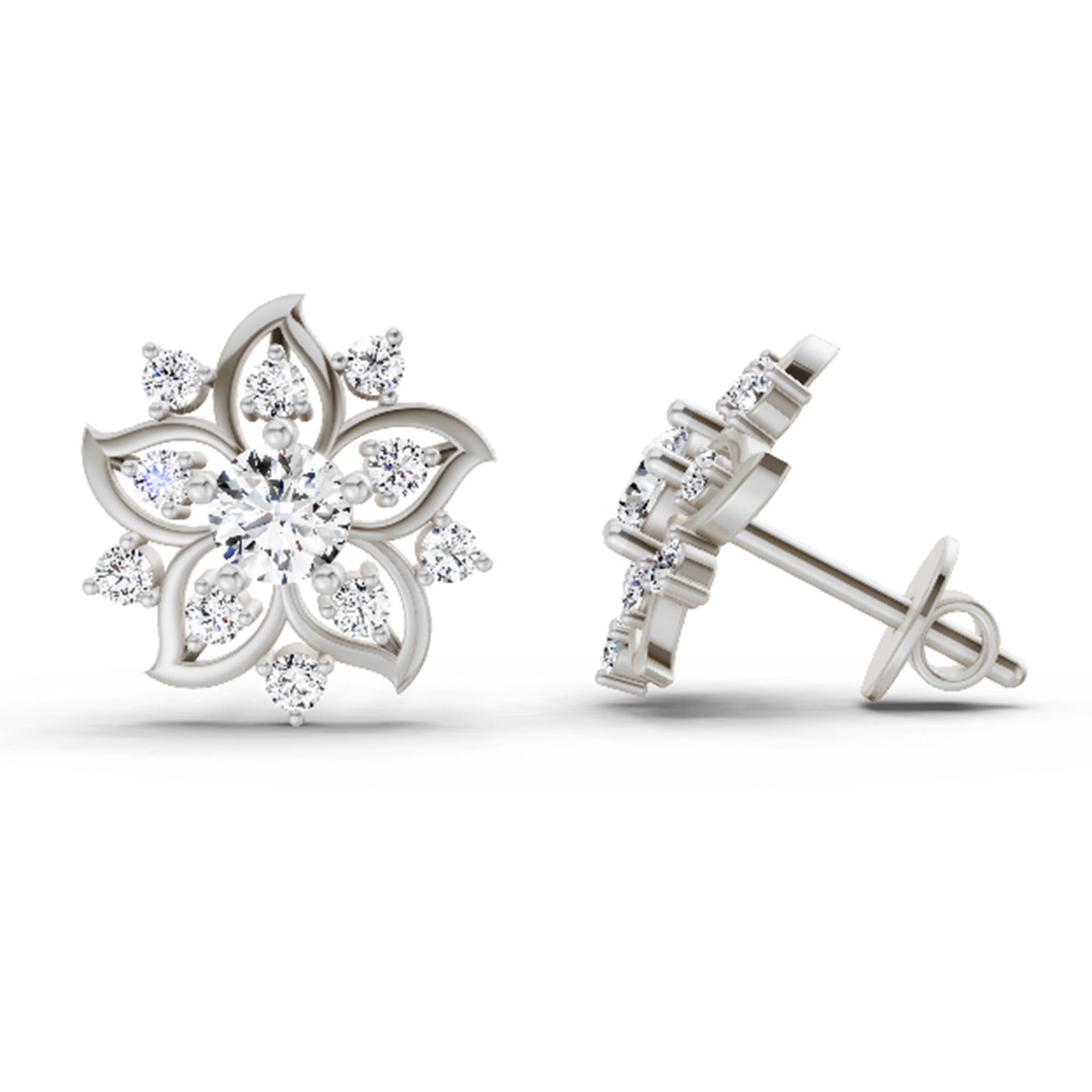 0.91 Ct Round Flower Stud Earrings |  14K White Gold