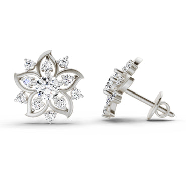 0.91 Ct Round Flower Stud Earrings |  14K White Gold