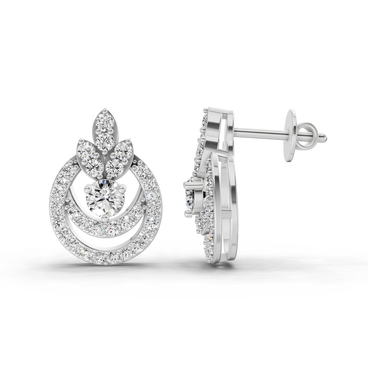 0.91 Ct  Round Shape Diamond Halo Cluster Stud Earrings | 14K White Gold