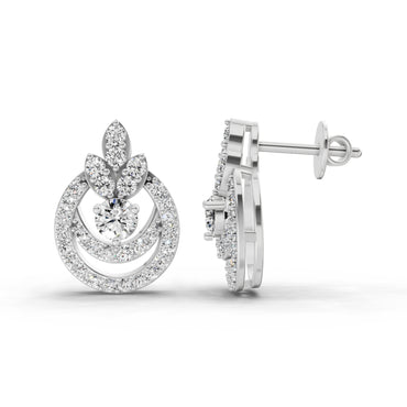 0.91 Ct  Round Shape Diamond Halo Cluster Stud Earrings | 14K White Gold