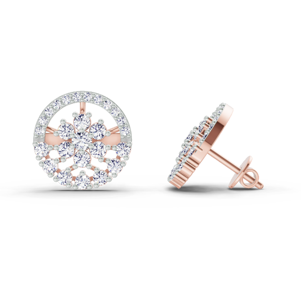 1.28 Ct Round Floral Halo Stud Earrings | 14K Rose Gold