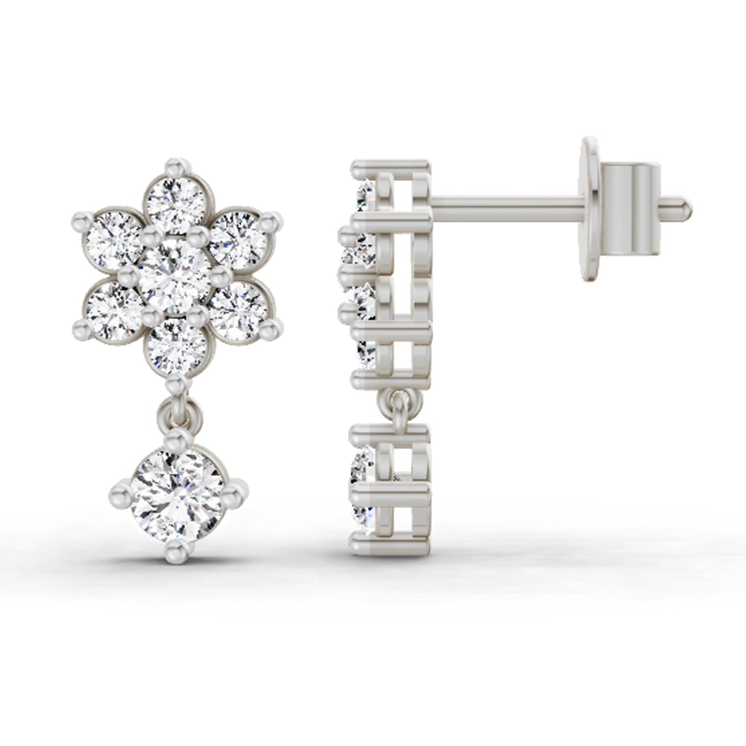 0.86 Ct Round Flower Drop Earrings |  14K White Gold
