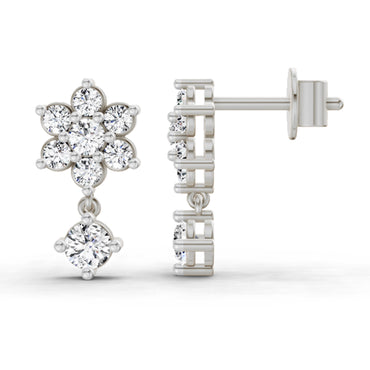 0.86 Ct Round Flower Drop Earrings |  14K White Gold