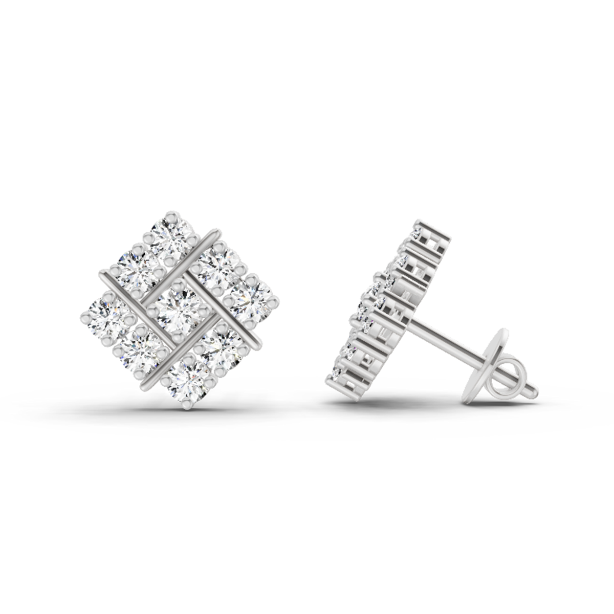 0.97 Ct Square Cluster Stud Earrings | 14K White Gold