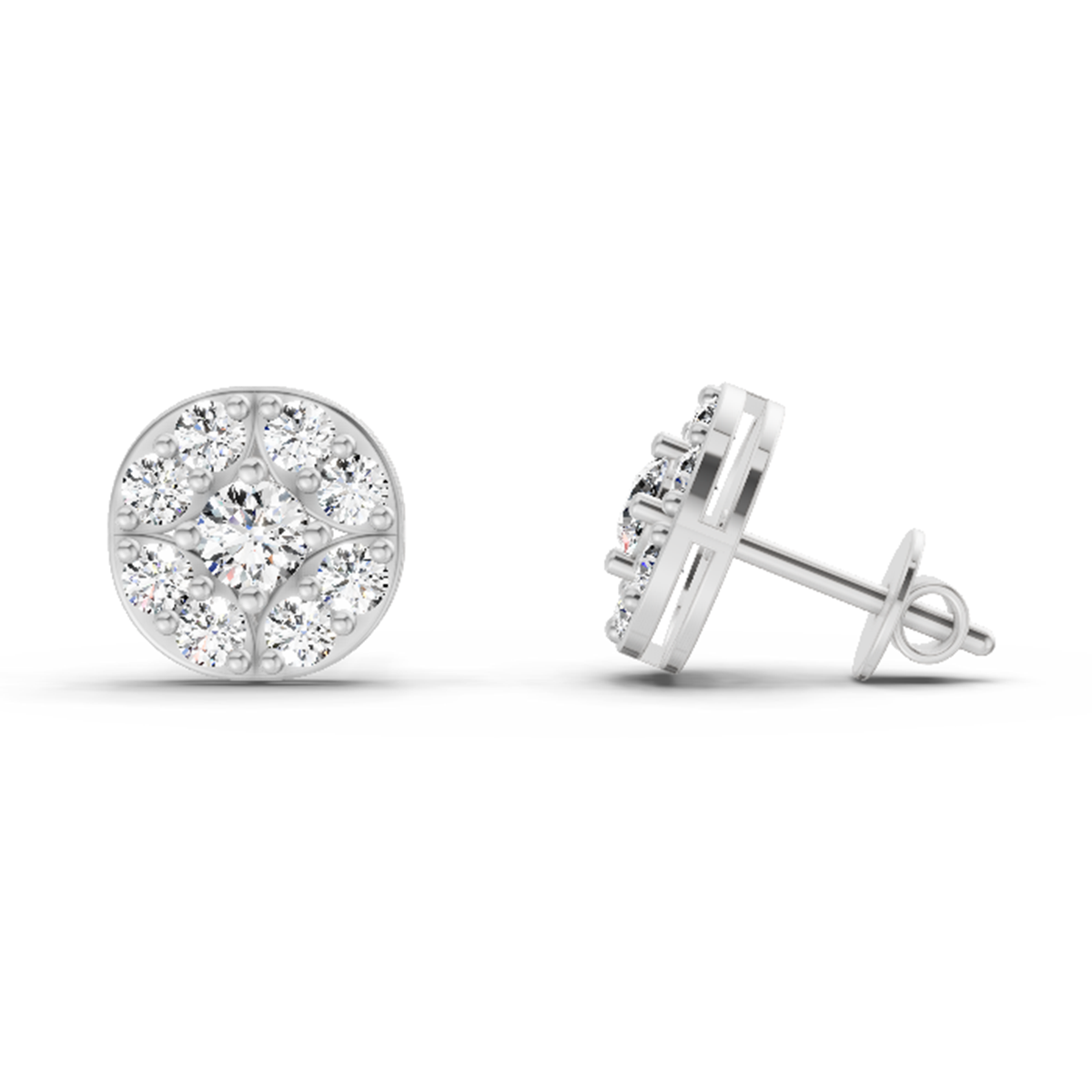 0.95 Ct Round Cluster Stud Earrings | 14K White Gold  FG VS Quality Diamonds