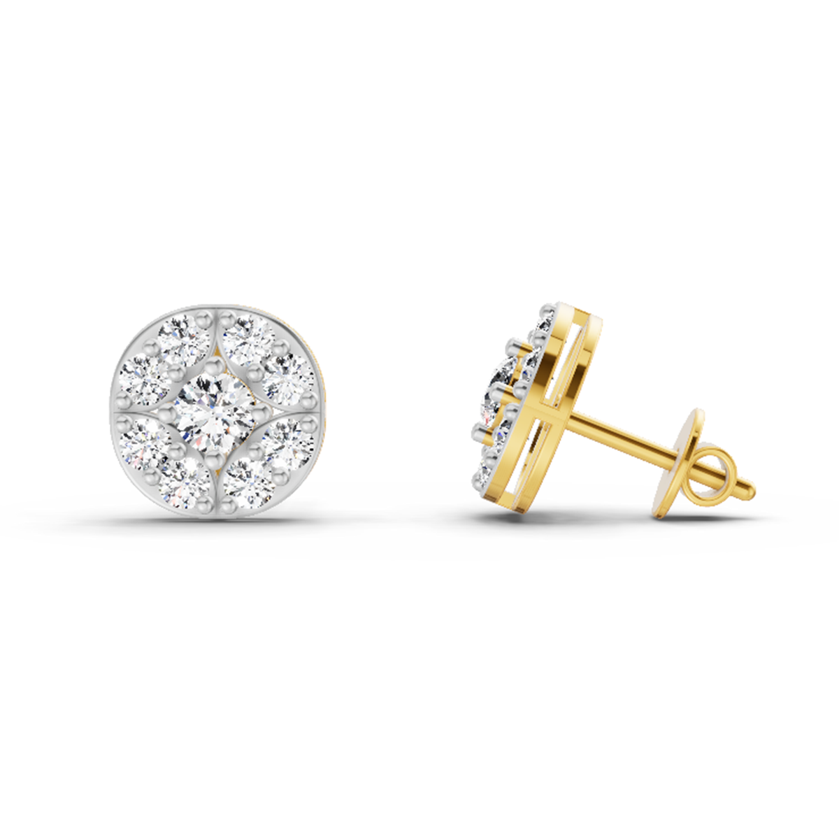 0.95 Ct Round Cluster Stud Earrings | 14K Yellow Gold  FG VS Quality Diamonds