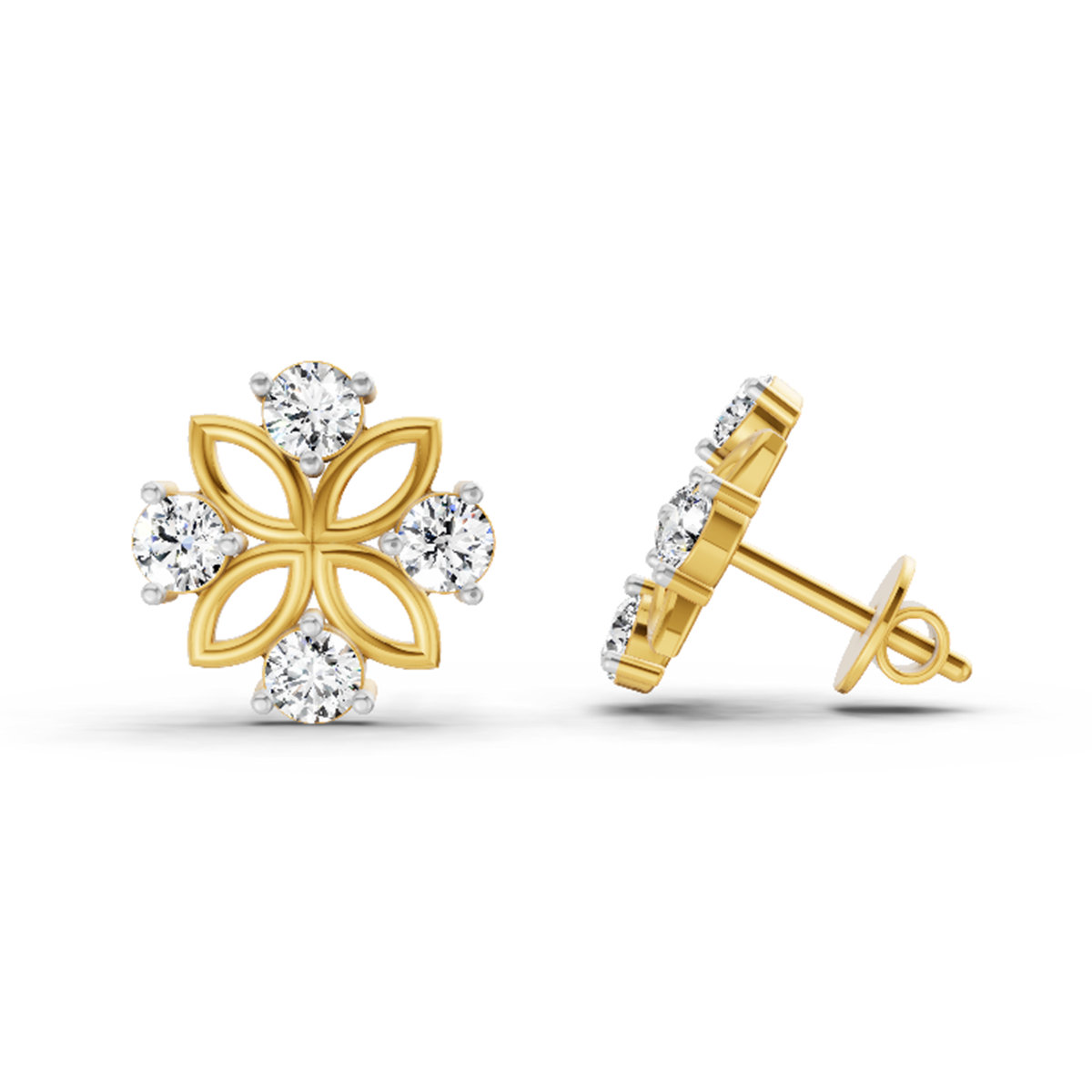 0.84 Ct Floral Stud Earrings | 14K Yellow Gold
