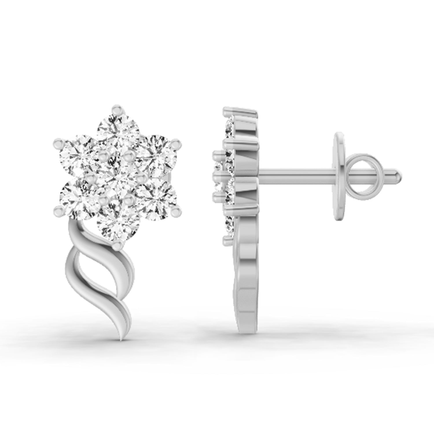 0.97 Ct  Round Shape Diamond Floral Stud Earrings | 14K White Gold