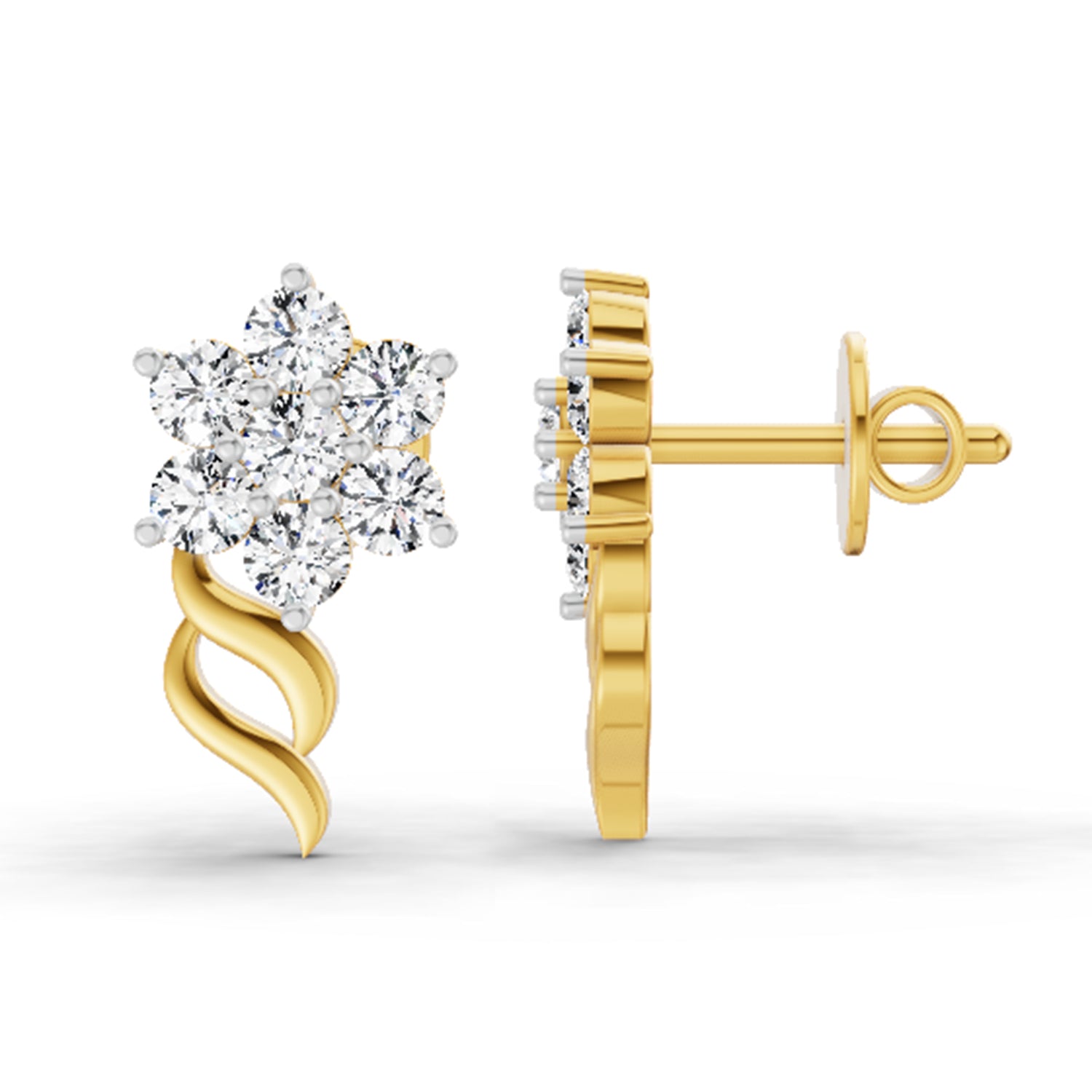 0.97 Ct  Round Shape Diamond Floral Stud Earrings | 14K Yellow Gold