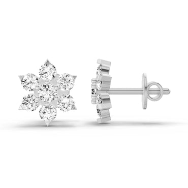 0.98 Ct  Round Shape Diamond Floral Cluster Stud Earrings | 14K White Gold