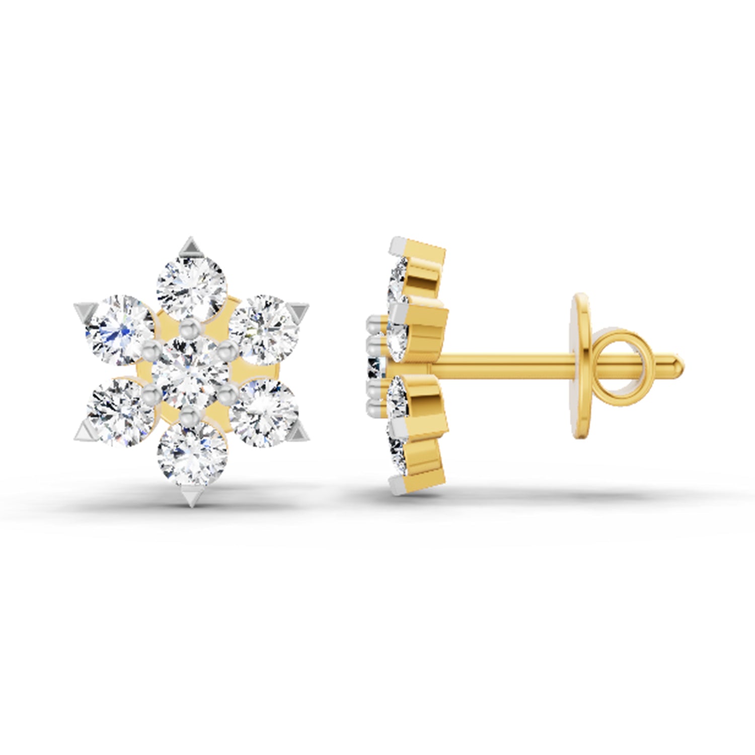 0.98 Ct  Round Shape Diamond Floral Cluster Stud Earrings | 14K Yellow Gold