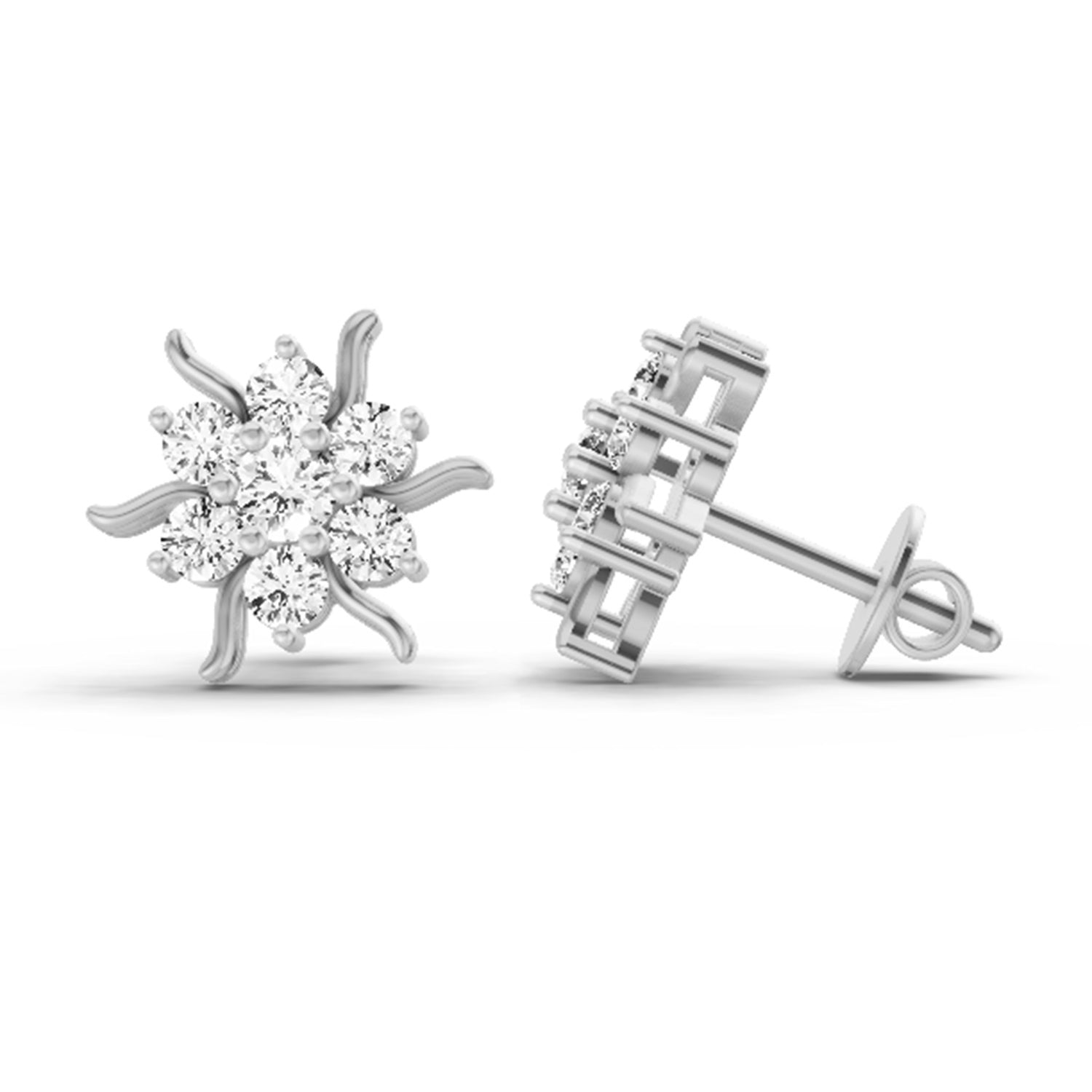 0.92 Ct  Round Shape Diamond Floral Cluster Stud Earrings | 14K White Gold