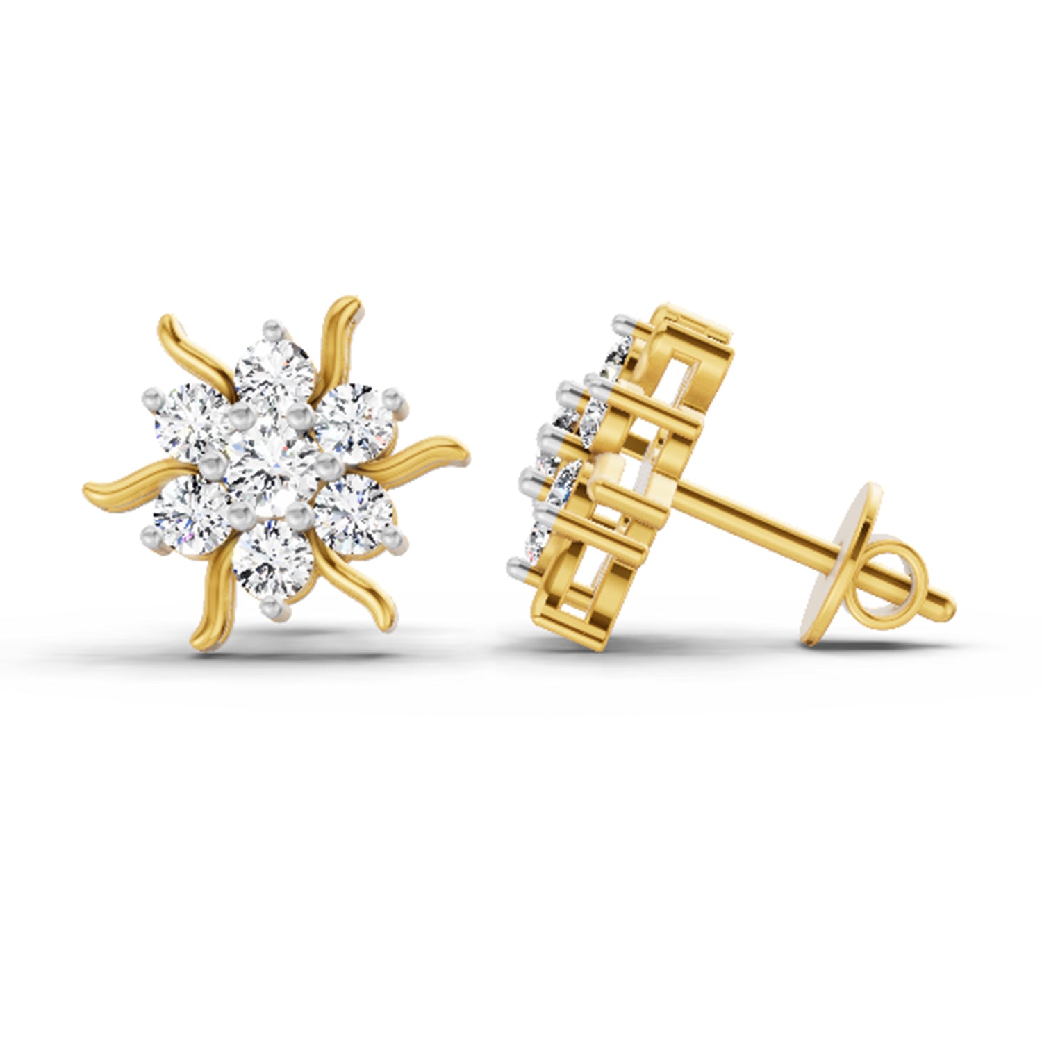 0.92 Ct  Round Shape Diamond Floral Cluster Stud Earrings | 14K Yellow Gold