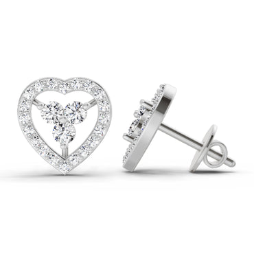 0.63 Ct  Heart Shape 3 Stone Round Shape Diamond Stud Earrings | 14K White Gold