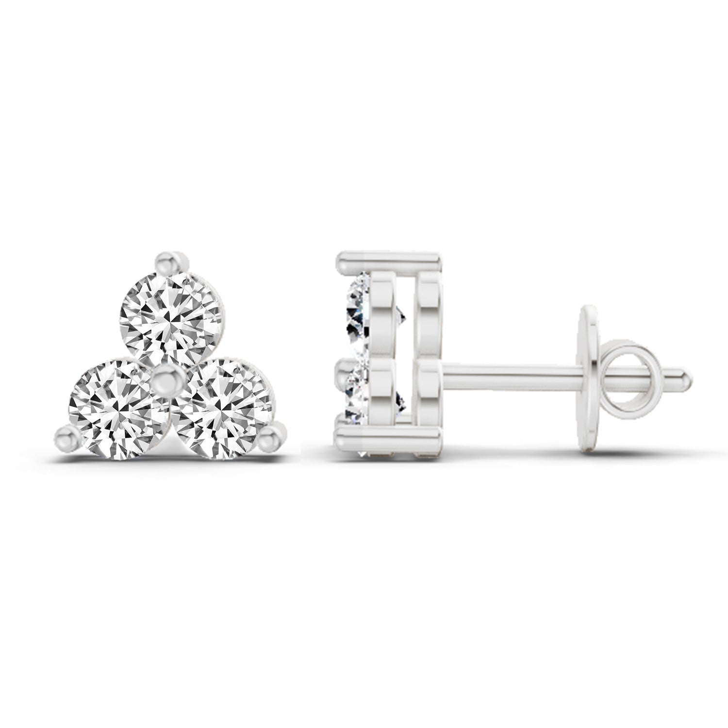 1 Ct  Round Shape Diamond 3 Stone Stud Earrings | 14K White Gold