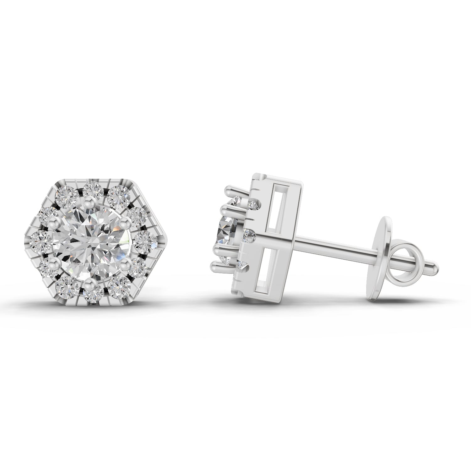 1 Ct  Round Shape Diamond Hexagon Halo Stud Earrings | 14K White Gold