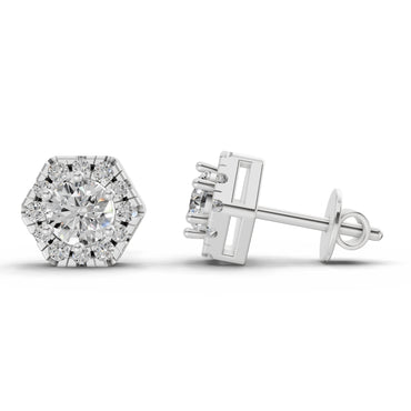 1 Ct  Round Shape Diamond Hexagon Halo Stud Earrings | 14K White Gold