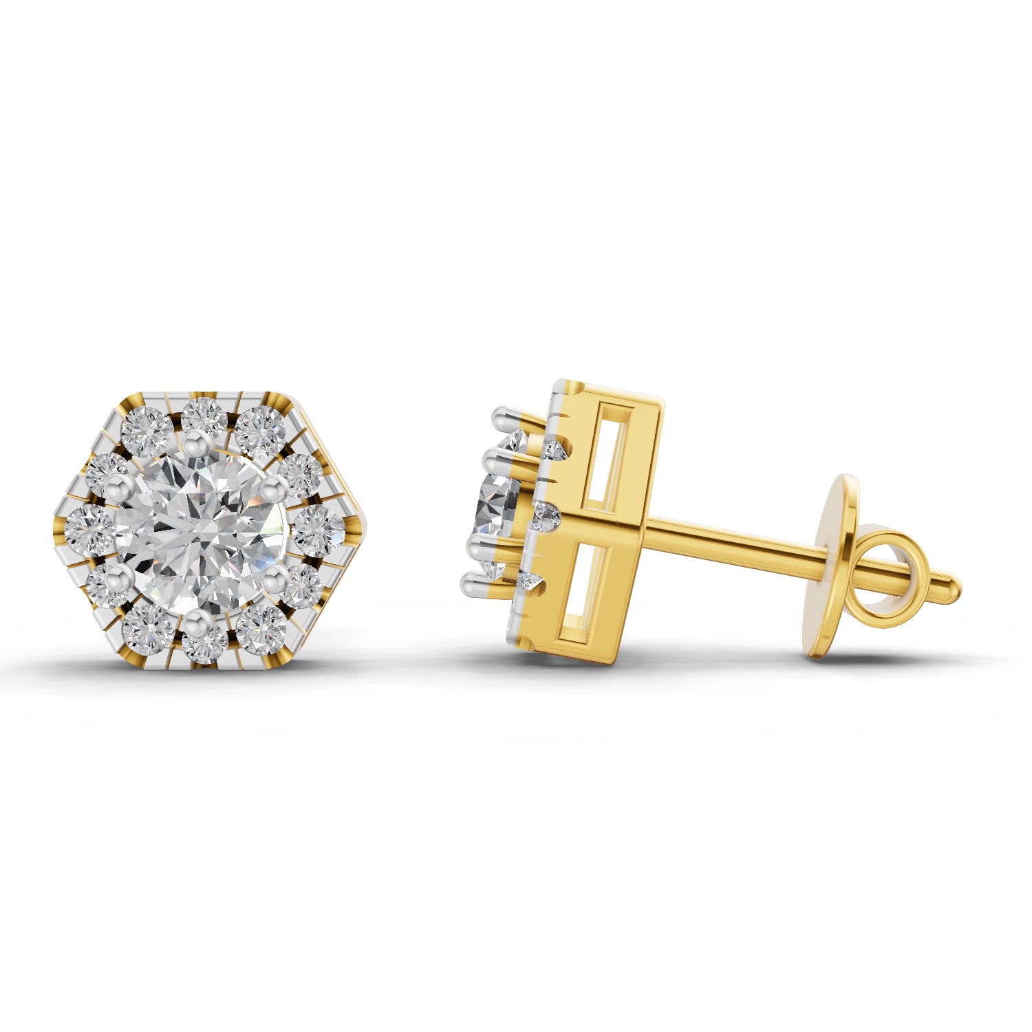 1 Ct  Round Shape Diamond Hexagon Halo Stud Earrings | 14K Yellow Gold