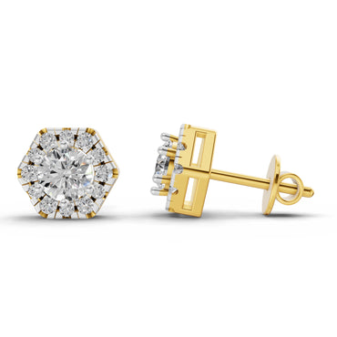 1 Ct  Round Shape Diamond Hexagon Halo Stud Earrings | 14K Yellow Gold