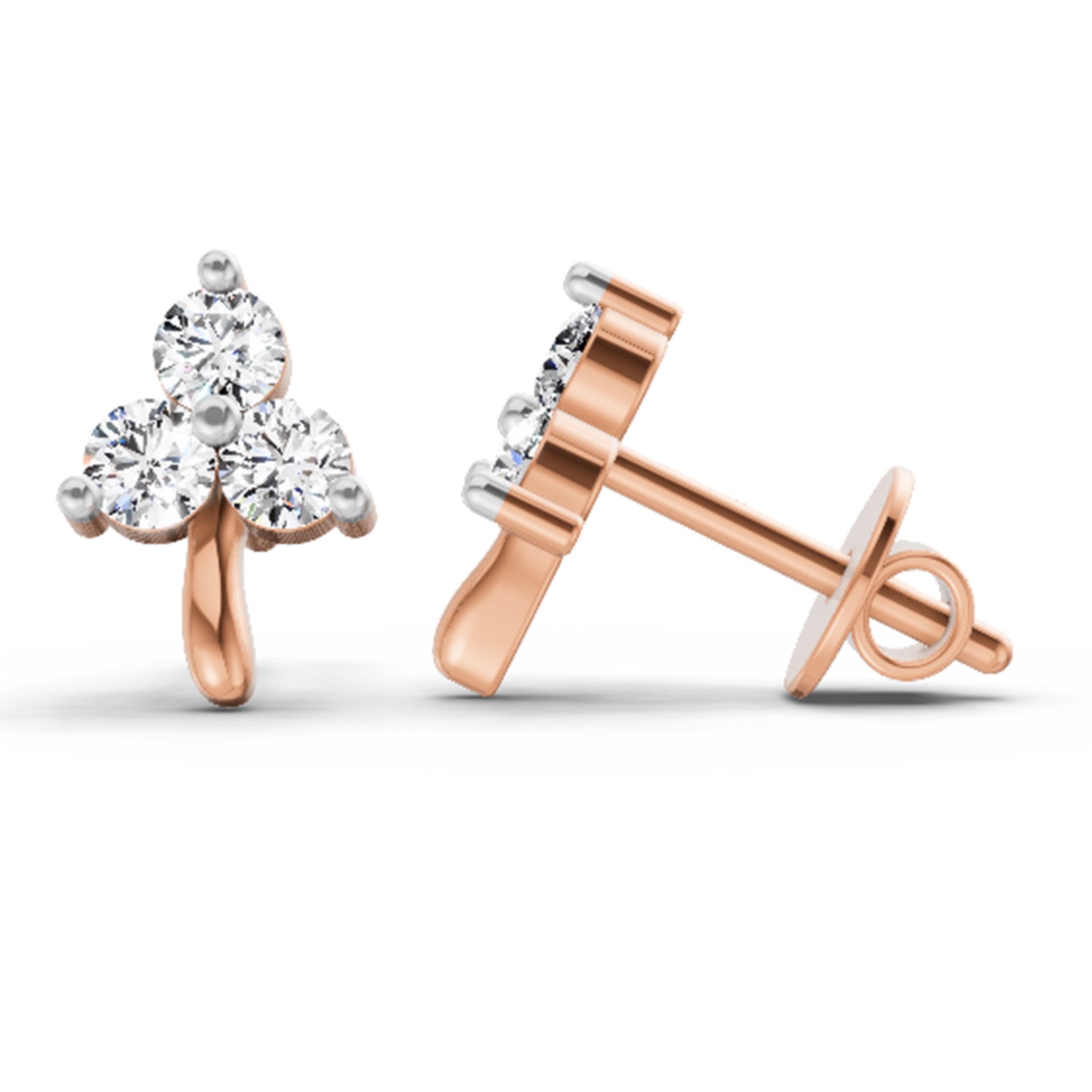 0.52 Ct  Round Shape 3 Stone Diamond Stud Earrings | 14K Rose Gold