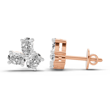 1 Ct  Oval Shape 3 Stone Diamond Stud Earrings | 14K Rose Gold
