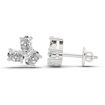 1 Ct  Oval Shape 3 Stone Diamond Stud Earrings | 14K White Gold