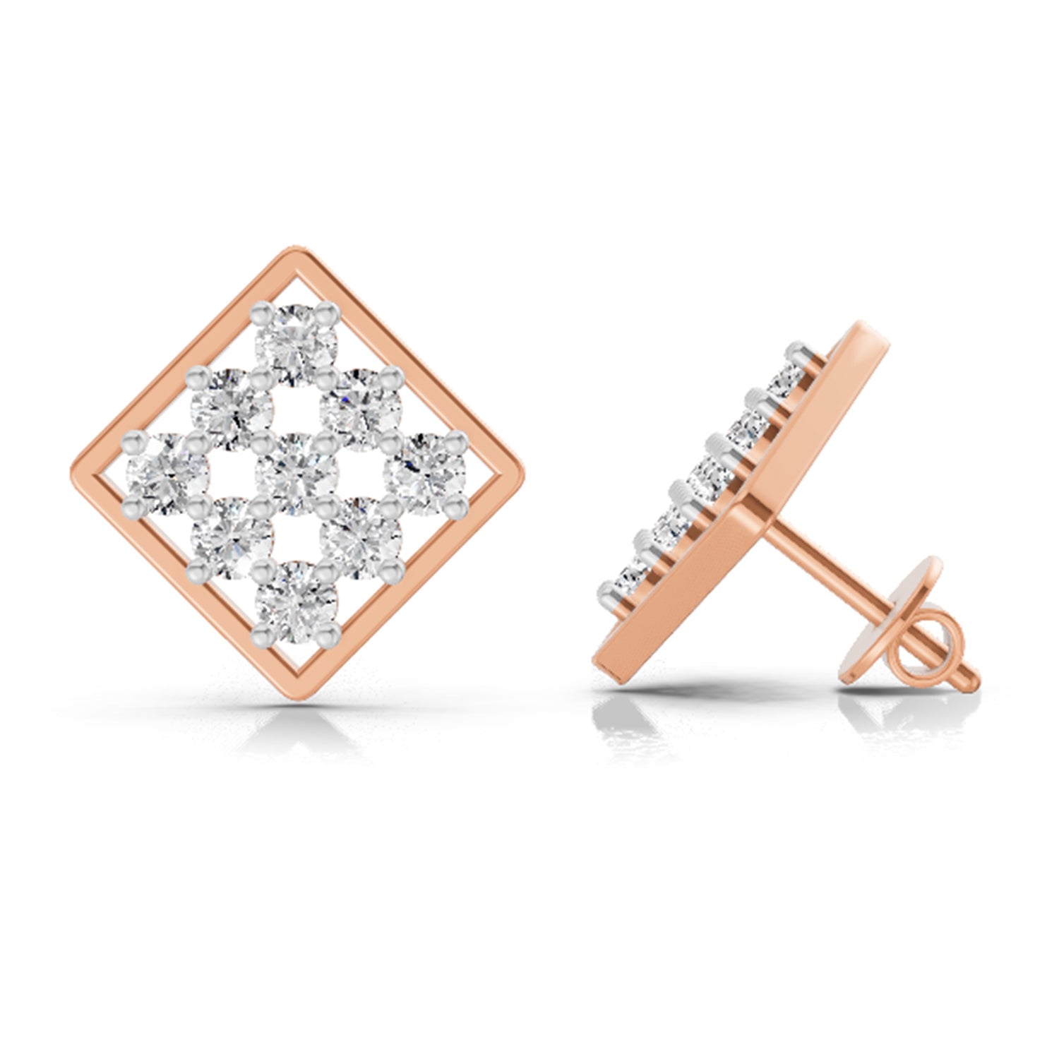 1 Ct  Round Shape Diamond Square Cluster Stud Earrings | 14K Rose Gold