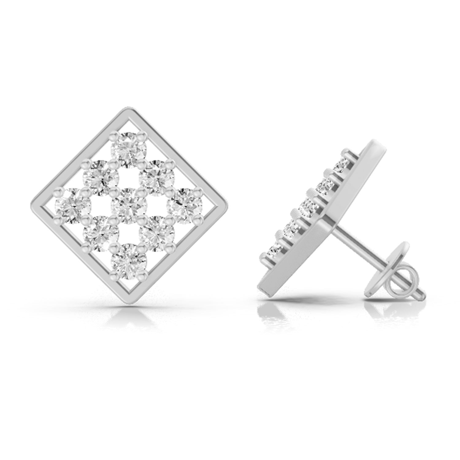 1 Ct  Round Shape Diamond Square Cluster Stud Earrings | 14K White Gold