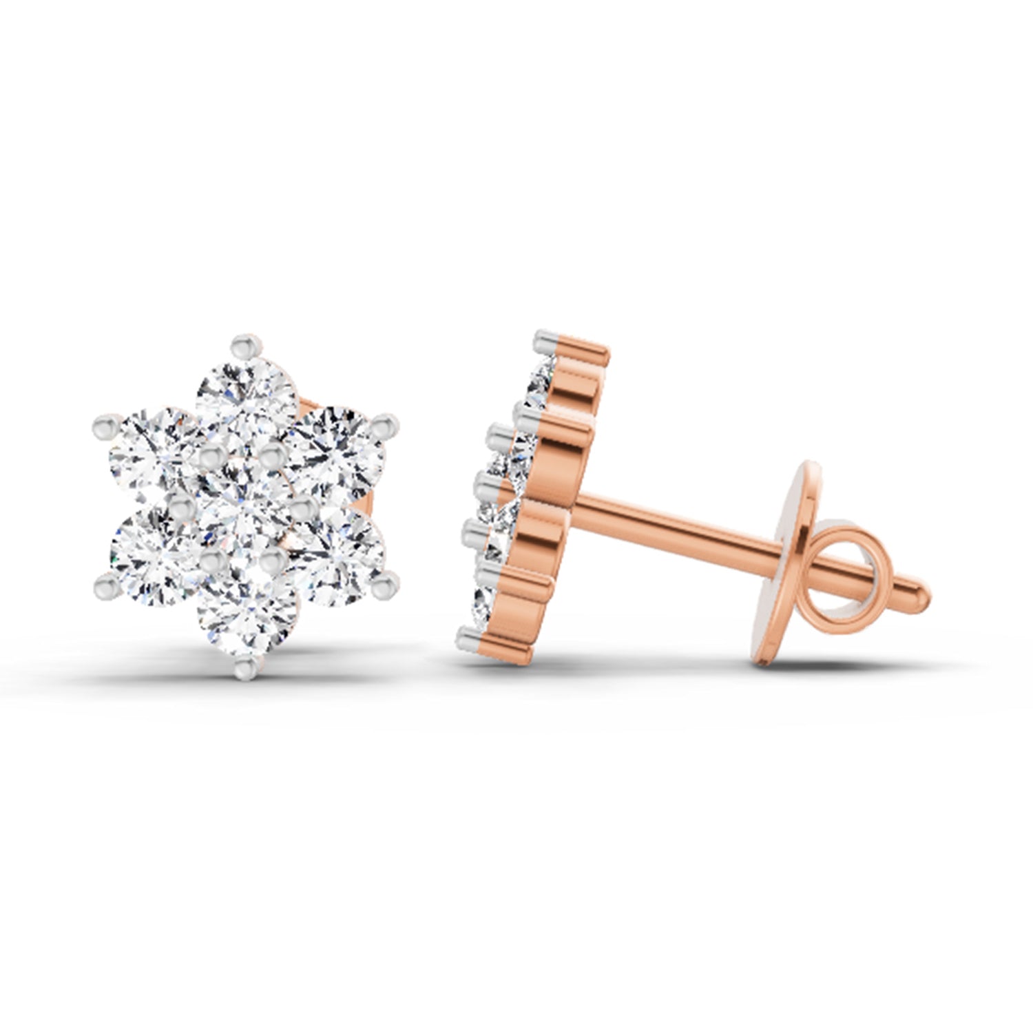 0.97 Ct  Round Shape Diamond Floral Cluster Stud Earrings | 14K Rose Gold
