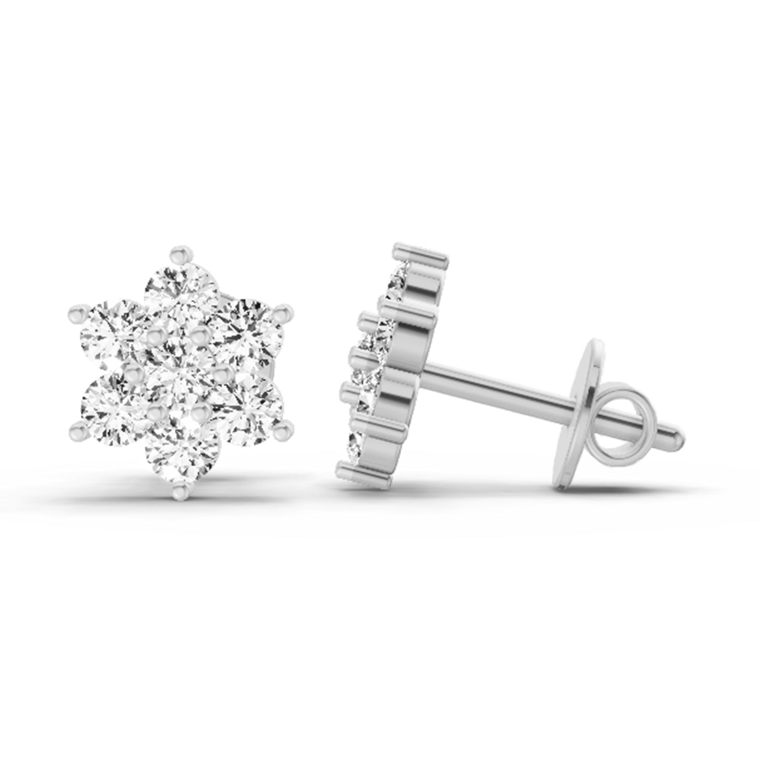 0.97 Ct  Round Shape Diamond Floral Cluster Stud Earrings | 14K White Gold