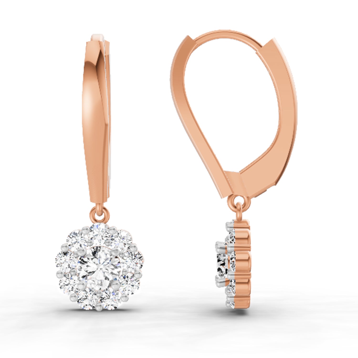 0.90 Ct  Round Shape Diamond Halo Drop Earrings | 14K Rose Gold