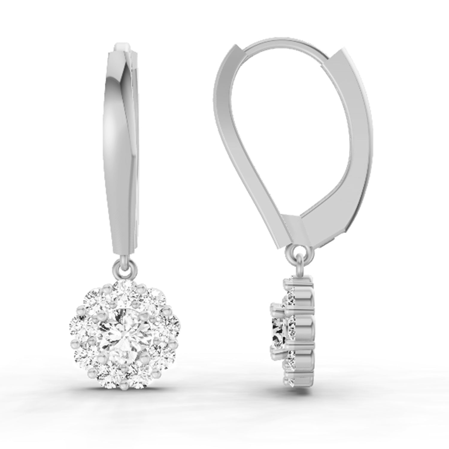 0.90 Ct  Round Shape Diamond Halo Drop Earrings | 14K White Gold