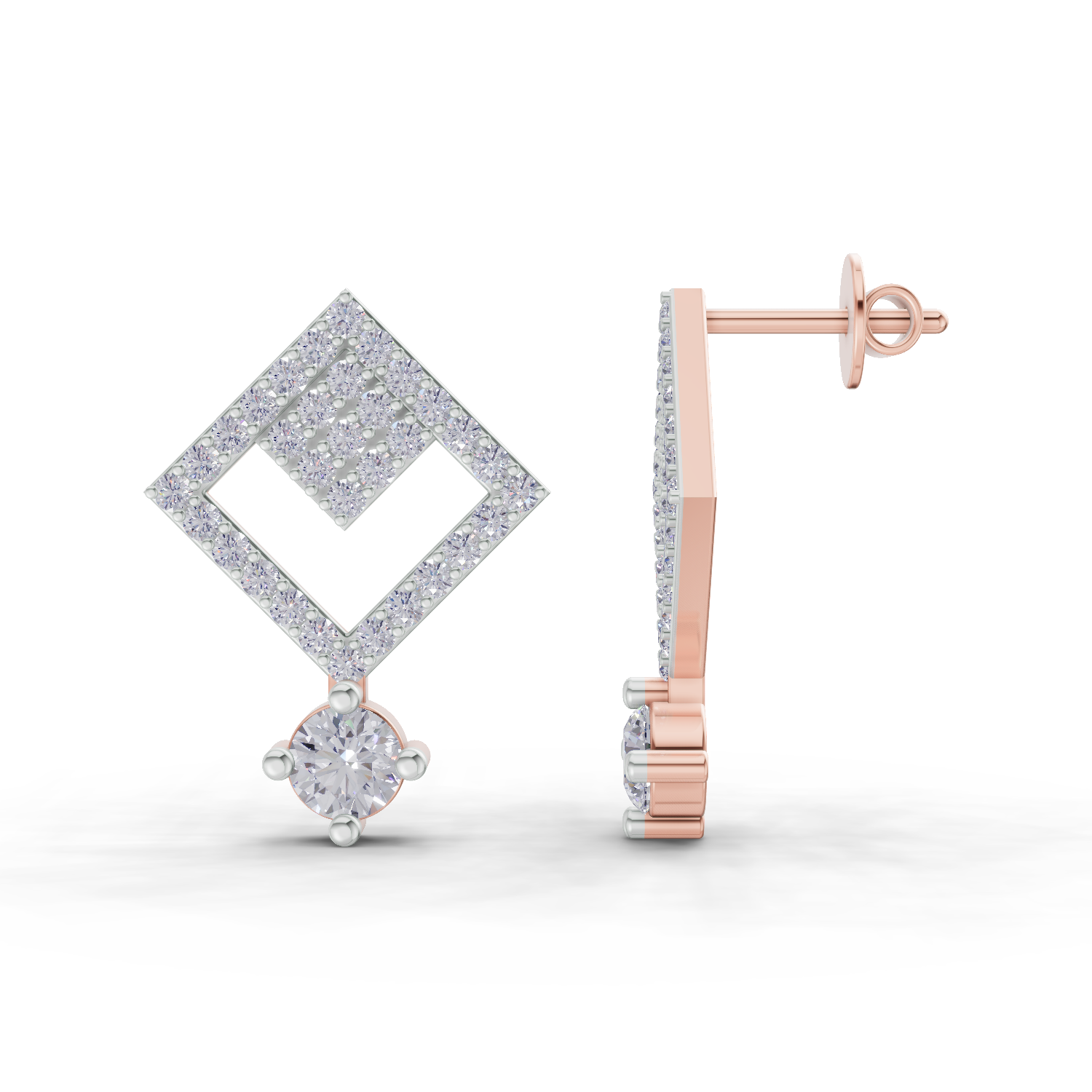 1.58 Carat Classic Square Drop Studs Earrings| 14K Rose Gold