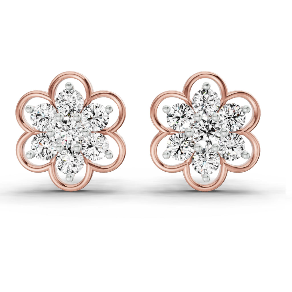 1.20 Ct Round Shape Floral Cluster Diamond Stud Earrings | 14K Rose Gold