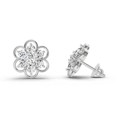1.20 Ct Round Shape Floral Cluster Diamond Stud Earrings | 14K White Gold